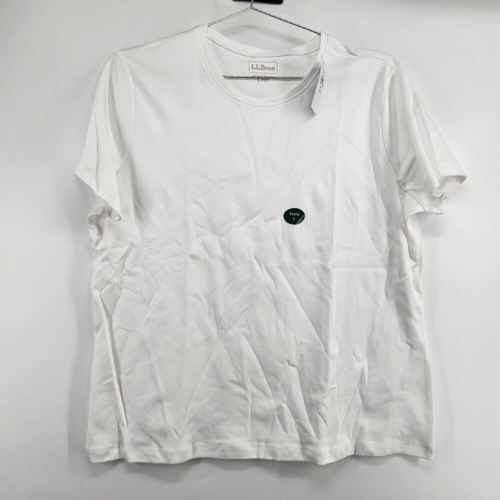 LL Bean Women's Large Petite White Crewneck All Cotton Short Sleeve Shirt NWT